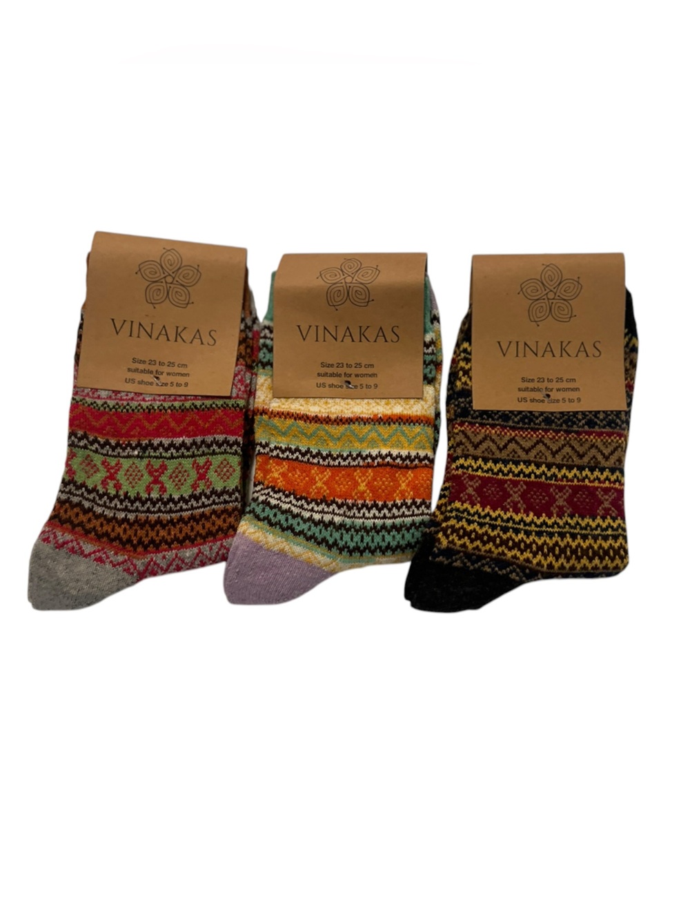 VINAKAS Vintage Nordic Knit Wool Blend Crew Socks - 3 Pack NWT